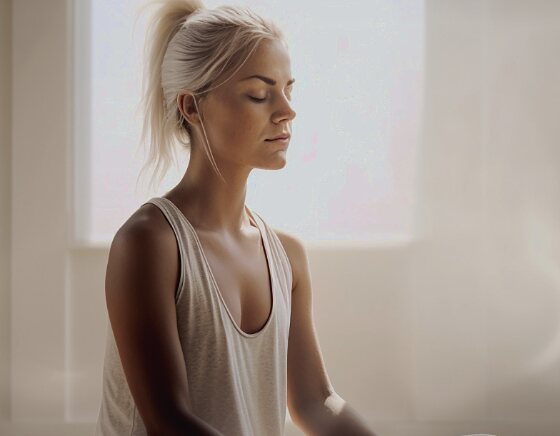 Mujer meditando junto a una ventana con luz cálida